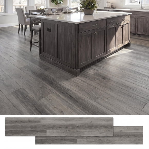 Patiojoy 48-Pack Floor Tiles Waterproof Vinyl Flooring 36" x 6" Long Wood Grain Planks Grey