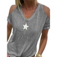 thumbnail image 3 of Women Summer Cold Shoulder Star Print Plus Size T-Shirt V Neck Solid Color Top, 3 of 7
