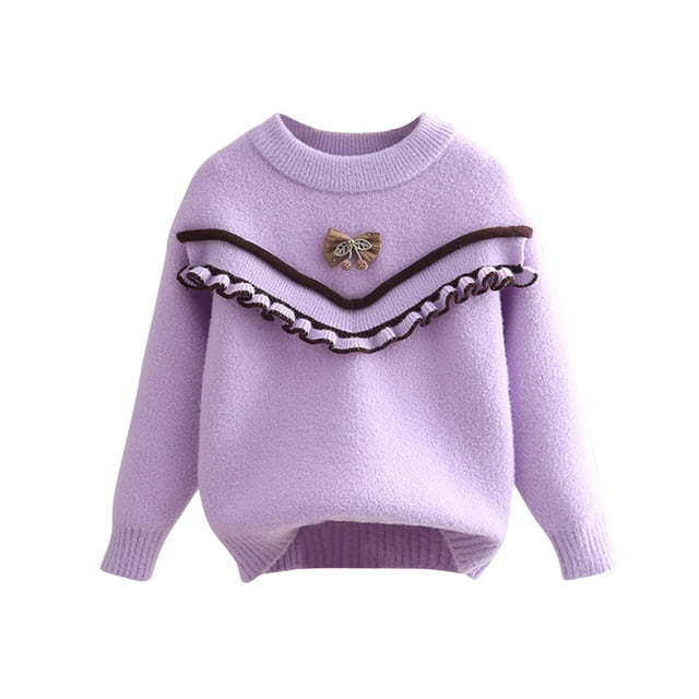 Chandail pour Bébé Fille Col Rond Manches Longues Imprimé Dessin Animé Tricot Automne Hiver Chandail en Molleton Violet