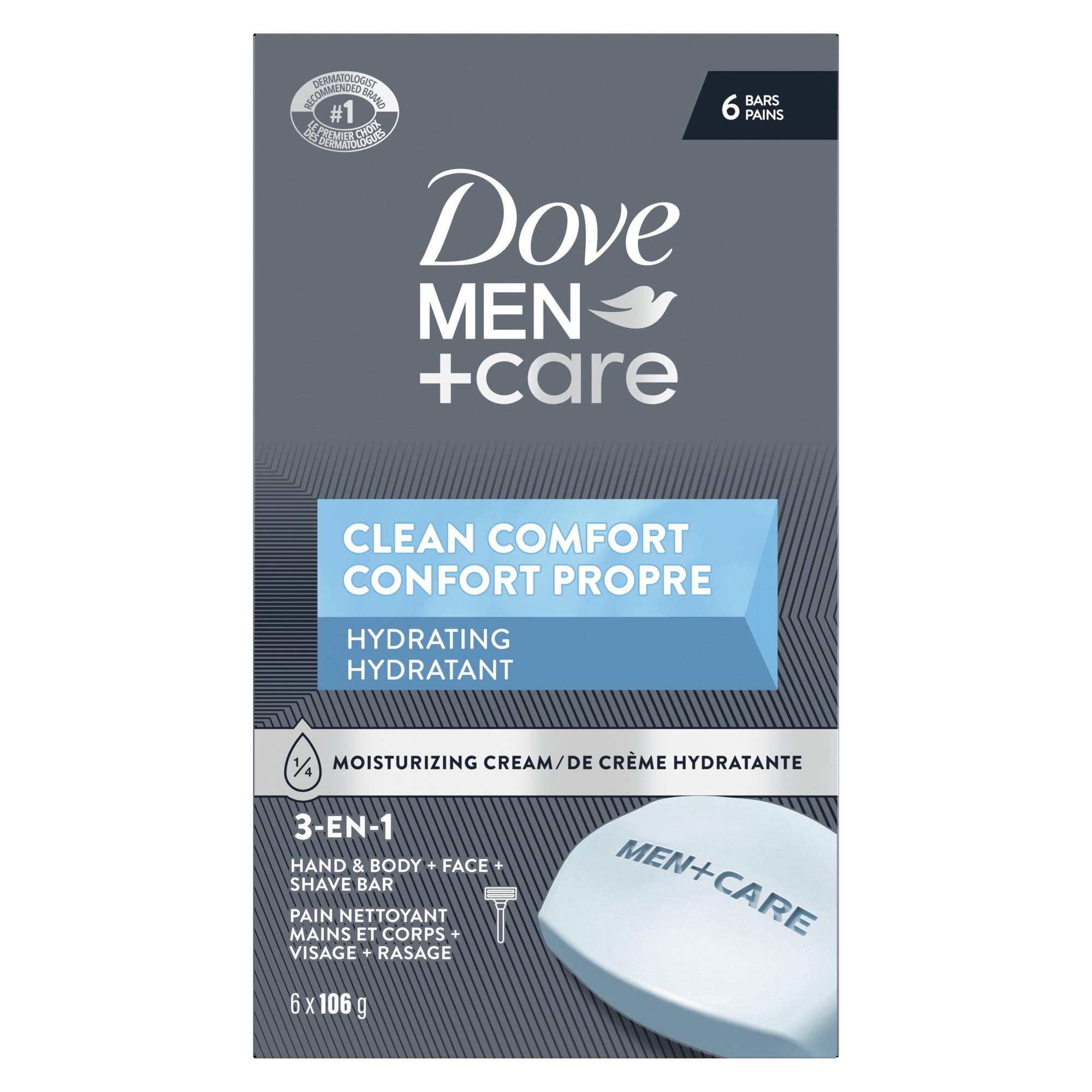 Dove 3-N-1 Hand & Body + Face + Shave Bar Clean Comfort Hydrating, 106 g (6 bars)