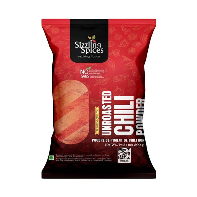 Unroasted Chili Powder Sizzling Spices (500g) in a vibrant red packaging featuring the Sizzling Spices logo and product details. The bag highlights 'Premium Quality' and 'No Artificial Coloring, Flavoring, or Preservatives' with a QR code for additional information. Made with premium Sri Lankan spices, ideal for adding flavor without smoky notes.