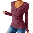 thumbnail image 2 of QATAINLAV Lightweight Sweater for Women Casual Deep V Neck Long Sleeve Tops Ribbed Knit Button Cross Wrap Pullover, Wine, M, 2 of 8