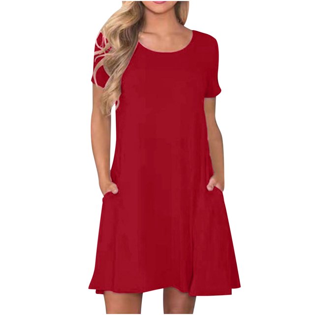 Ovzne Robes pour Femmes Robe Mode Femme Été Décontractée Col Rond Manches Courtes Unie Mini-Robe Robe pour Femmes Manches Courtes Liquidation