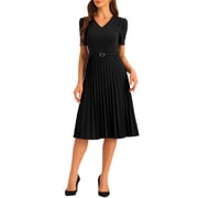 INSPIRE CHIC Women's Dress Work V-Neck Short Sleeve Below Knee Belted A-Line Pleated Dress L Black