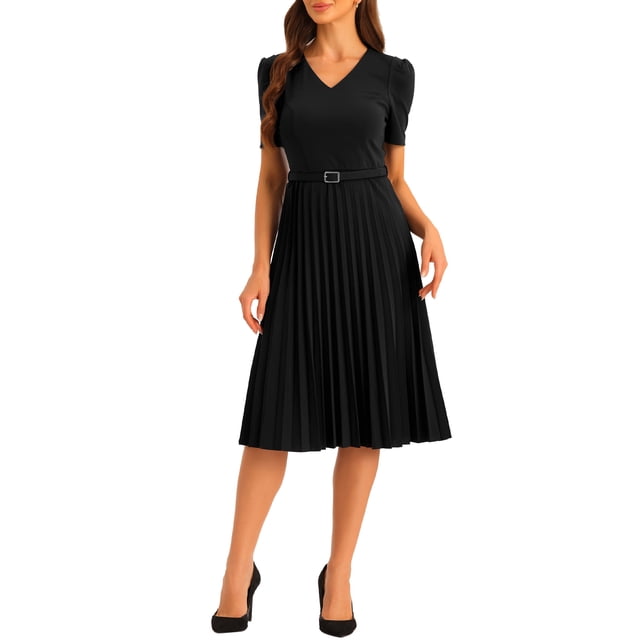 INSPIRE CHIC Robe pour Femme Travail Col en V Manches Courtes sous le Genou Ceinturée Ligne A Plissée Robe L Noir