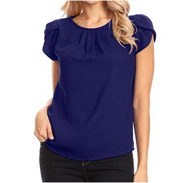Chemise Décontractée pour Femme en Chiffon Uni à Manches Courtes et Col Rond, Blouse à Manches Courtes (Bleu Foncé, TG)