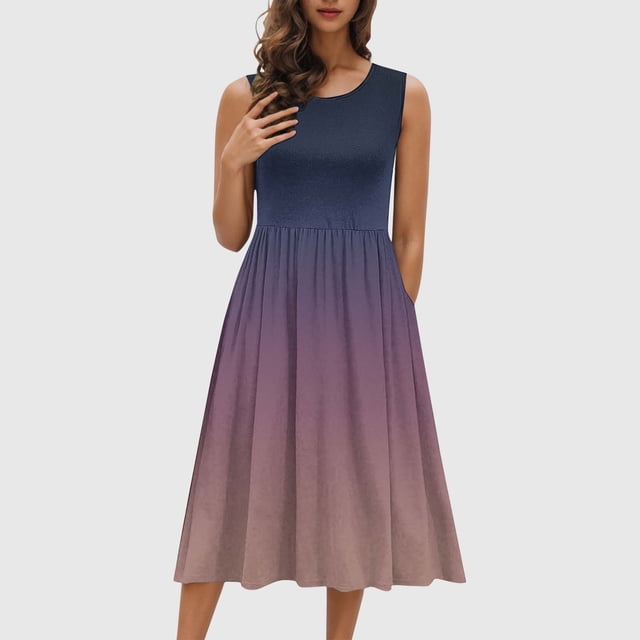 Ovzne Robes d'Été pour Femmes Robe pour Femme Mode Robes pour Femmes Été Décontracté Col Rond Sans Manches Uni Plage Robes d'Été Boho Robe d'Été Liquidation