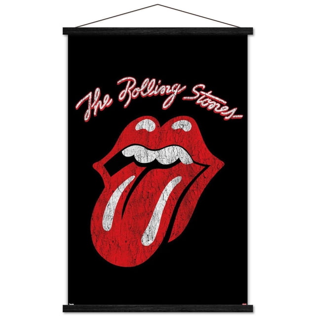 Rolling Stones - Affiche Murale Logo Classique, 22,375 Po x 34 Po Affichant le Logo Emblématique de Langue et Lèvres Rouges avec une texture vintage Usée sur Fond Noir, Encadré de Barres en Bois Noires et Suspendu par un Fin Cordon, Convient pour Décorer des Chambres, des Bureaux Ou des Espaces à Thème Musical.
