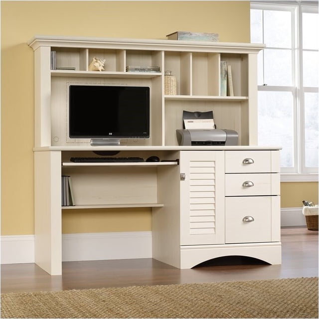 Pemberly Row Bureau d'Ordinateur avec Huche en Blanc Vieilli