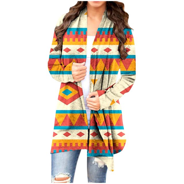 CEHVOM Cardigan à Manches Longues Imprimé Ethnique Rétro pour Femmes Manteaux Géométriques Vintage
