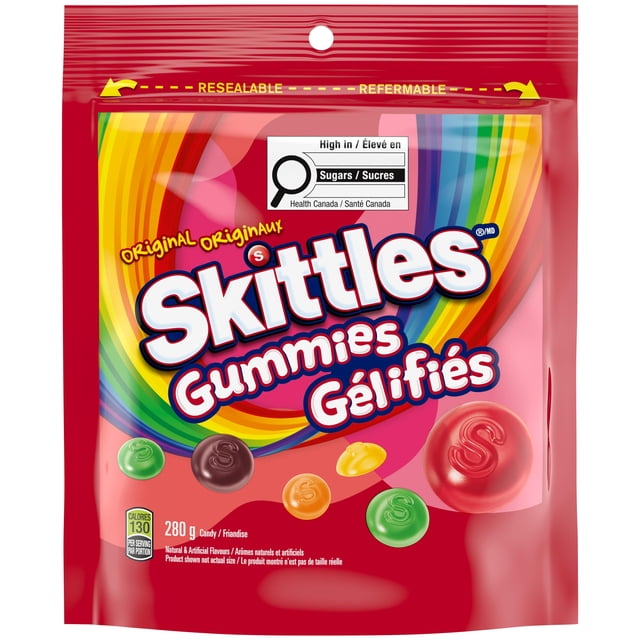 SKITTLES Original Gummies sharing bag, 280 g, multicolour soft gummy candy in strawberry, orange, grape, lemon, and green apple flavours, resealable red pouch with rainbow swirl and bilingual English-French text.