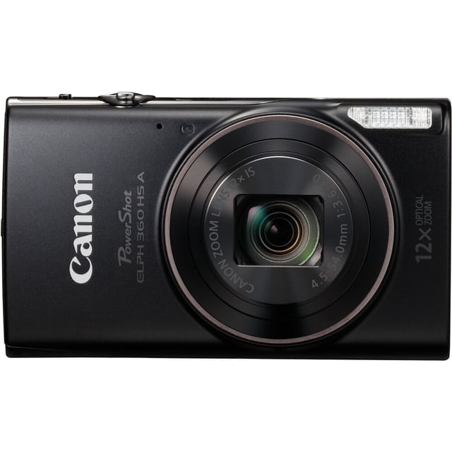 Canon PowerShot ELPH 360 HS A Digital Camera in black, front view showing the compact point and shoot camera with 12x optical zoom lens, built-in flash on the top right, and Canon logo on the left, ideal for everyday photography and casual travel use.