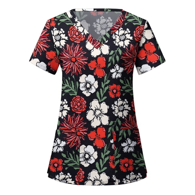 Dvkptbk Sarrau pour Femmes Hauts Imprimés Tenue de Soins Infirmiers avec Poches Mode Décontractée Col en V Manches Courtes T-Shirts