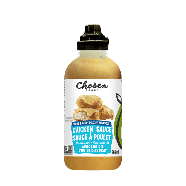 Chosen Foods Sweet & Bold Chicken Sauce 266ml bottle with black flip-top cap, featuring a label with crispy chicken nuggets topped in creamy sauce made with avocado oil. This non-GMO, gluten-free sauce is ideal for marinades, cooking, and stir fry dishes.