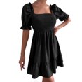 thumbnail image 2 of EGNMCR Robes de Fête pour Femmes Robe Unie pour Femmes de Printemps et d'Été à Manches Courtes avec Ceinture à la Taille, Manches à Volants, Encolure Carrée, 2 of 6