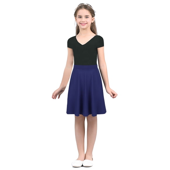 YUUMIN Kids Girls Lightweight Stretchy A-Line Skater Skirt Knee Length Casual Party Pleated School Uniform Skirt Navy_Blue 6