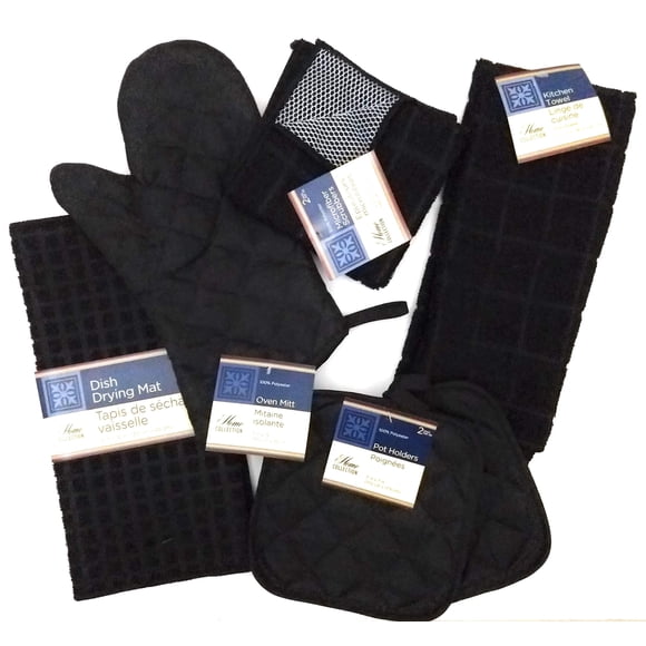 Ensemble de Serviettes de Cuisine avec 2 Porte-Casseroles Matelassés, Mitaine de Four, Torchon, Tapis d'Égouttage pour Vaisselle, 2 Lavettes à Récurer en Microfibre (Noir)