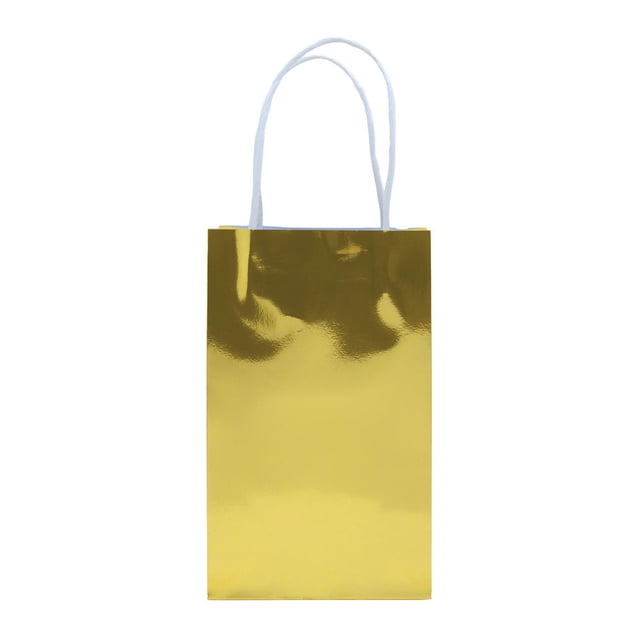 10pk gold paper bag with glossy gold finish and white rope handles, measuring 5.1 inches wide, 3.15 inches deep, and 12.4 inches tall, ideal for party supplies, loot bags, and holding favors or gifts at celebrations.