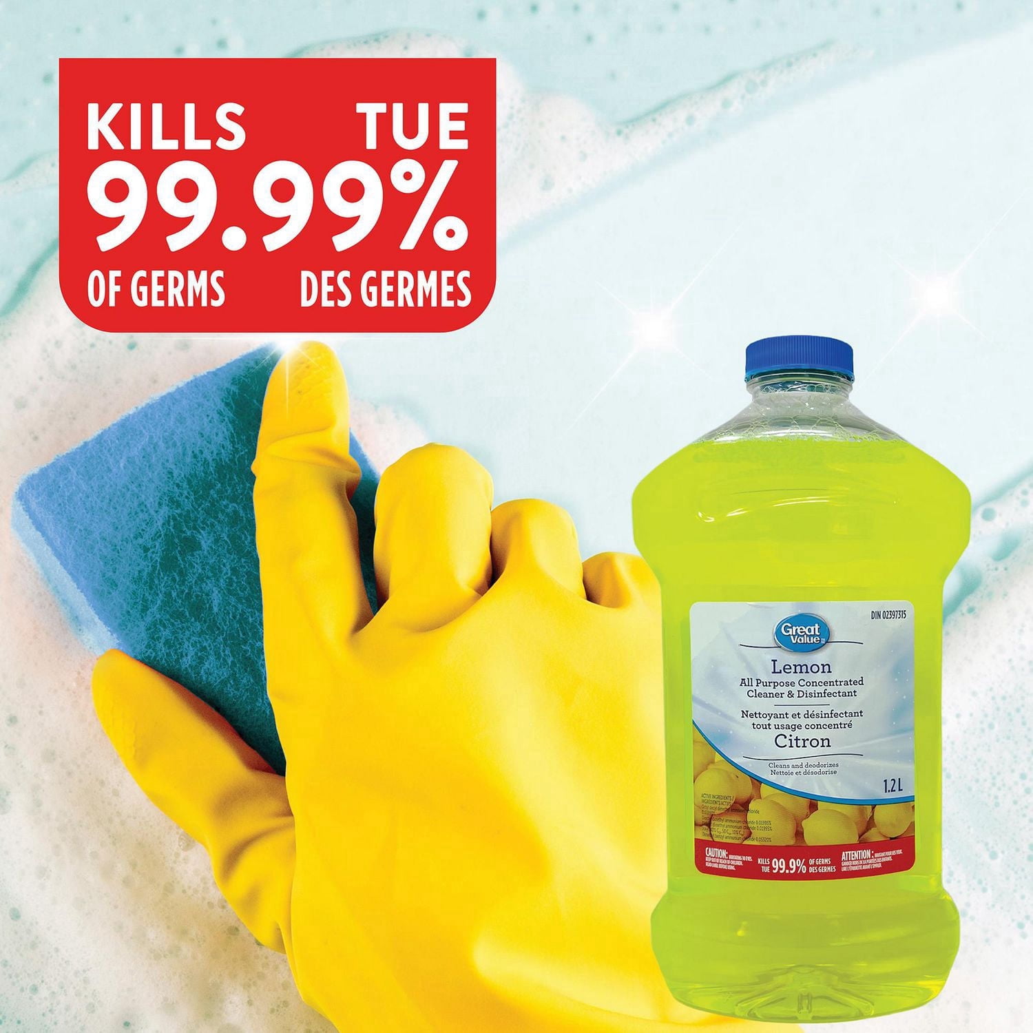 Great Value Nettoyant et Désinfectant Tout Usage Concentré, Citron, 1.2L