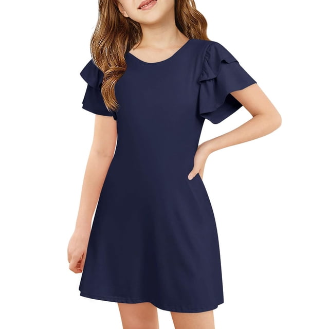 Robes de Printemps pour Filles, Robes Trapèze à Volants Évasées pour Fille, Robe à Manches Courtes Bleu Marine, Robe Chic pour Filles