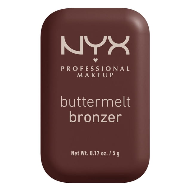 Poudre Bronzante Buttermelt NYX Professional Makeup en Format Rectangulaire compact Brun Foncé avec Bords Arrondis, Fini Mat, Texte beige Pâle Indiquant la Marque et le Nom du Produit, Poids net 0,17 oz / 5 g, Idéal pour un Style Bronzé et Ensoleillé jusqu'à 12 Heures de Tenue.