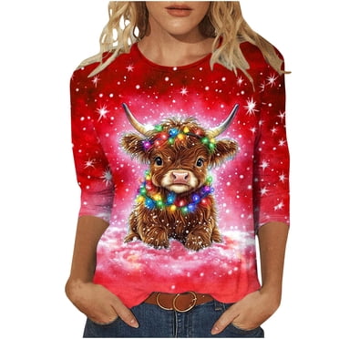 Staron Clearance Sale Womens 3/4 Sleeve Tops and Blouses Cartoon Animals Round Neck Tshirts Vacation Dressy Tops Trendy Summer Blouses