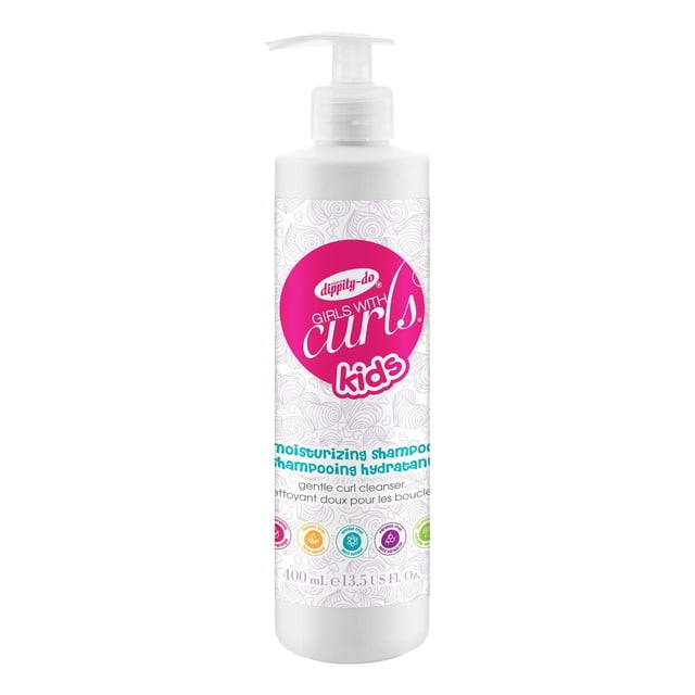 GIRLS WITH CURLS Shampooing Hydratant pour Enfants en Bouteille à Pompe Blanche 400 ml avec un logo Rose, Formulé pour Nettoyer et Hydrater en Douceur les Cheveux Secs, Frisottés et Bouclés, Utilisant des Ingrédients Naturels comme la Noix de Coco, le Beurre de Karité et l'Huile d'Amande Douce, Hypoallergénique et Sans silicone, Sans sulfates Ni Parabènes, au Doux Parfum de Melon d'Eau, Convient aux Soins Capillaires Texturés.