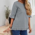 thumbnail image 2 of Summer Cotton Linen Tops for Women Ruffle Half Sleeve Crewneck Solid Color Shirts Blouses Casual Comfy Basic Tee Shirts, 2 of 7