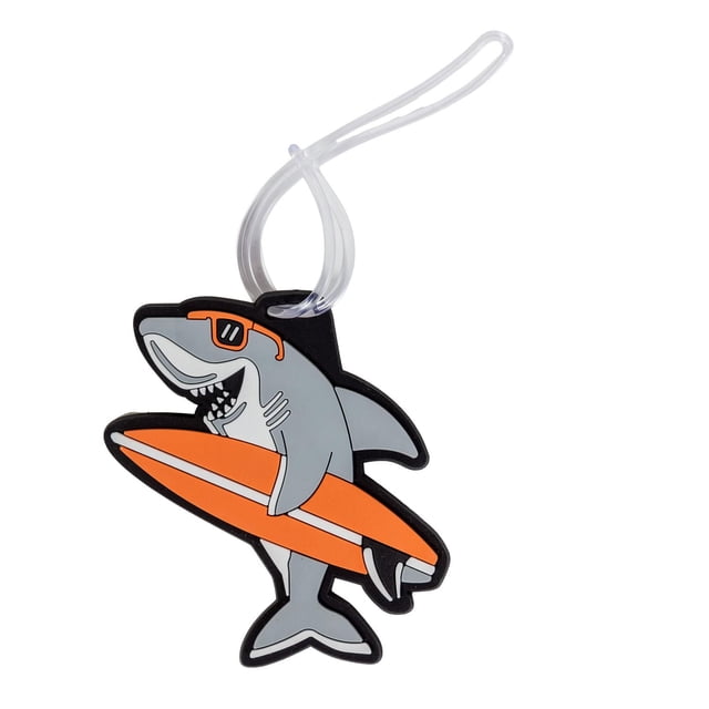 Jetstream® Étiquette d'Identification pour Bagage en Forme de Requin Gris de Dessin Animé Portant des Lunettes de Soleil orange et Tenant une Planche de Surf orange, avec une Sangle Transparente et flexible pour une Fixation Sécurisée aux Sacs de Voyage, Convient à l'Identification Facile des Bagages.