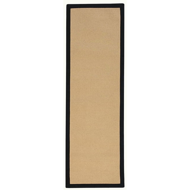Athena Sisal & Black PU 2'6" x 8' Runner with a natural sisal fiber center and black faux leather binding with mitered corners, tufted and hand sewn in the USA, suitable for high-traffic areas and layering in transitional interiors.
