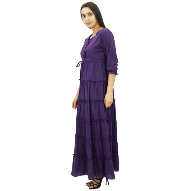 Bimba Robe Maxi d'Été en Coton à Manches 3/4 pour Femme, Taille à Cordon