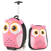 Costway 2PCS Kids Carry On Luggage Set 16" Owl Rolling Suitcase with 12" Backpack Travel Pink
