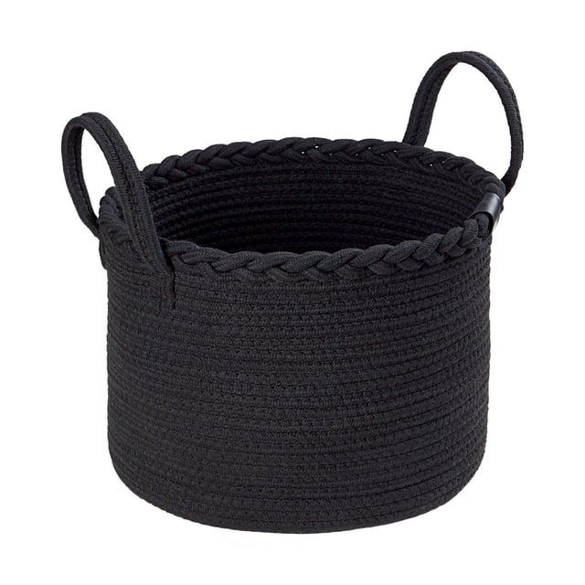 HOMETRENDS Panier de Rangement de Décor en Corde de Coton Noire avec Dessus Tressé et Deux Poignées, Mesurant 12,6 Po de Diamètre par 9,4 Po de Hauteur, Convient pour Organiser des Articles de Toilette, des Jouets Ou des Serviettes dans n'Importe Quelle Pièce.