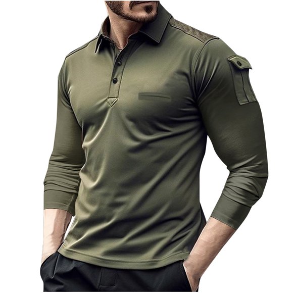 Mens Shirts Sale Clearance! Men's Long Sleeve Polo Shirt Tactical Military Style Tees Moisture Wicking Comfy Tops with Shoulder Pockets