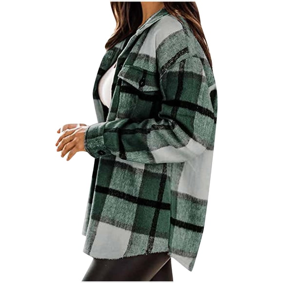 Bowake Women's Flannel Plaid Shacket Jacket Casual Oversized Long Sleeve Button down Shirts Fall Coats with Pocket