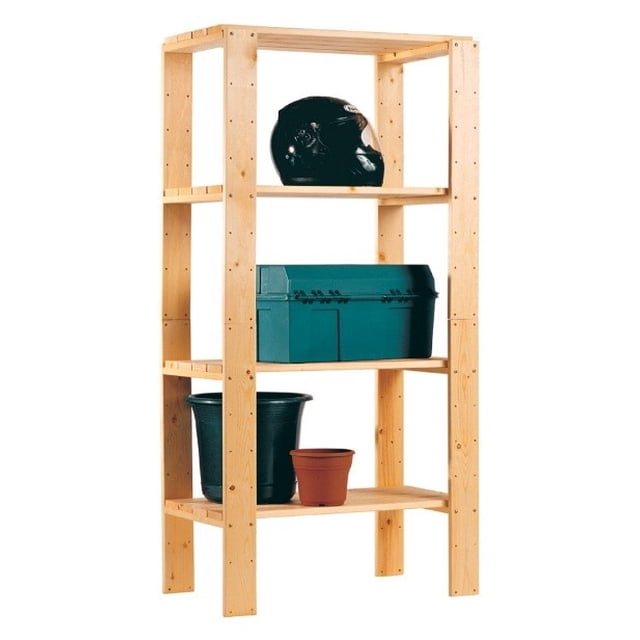 4 Shelf 16" Storage Unit a centered, front-facing solid pine shelving unit with four adjustable shelf-boards and board-nailed construction; easy-assembly hardware included, 30" x 13.5" x 60" assembled size, 250 lb capacity per shelf, modular stackable design often used for pantry storage or workshop bins.