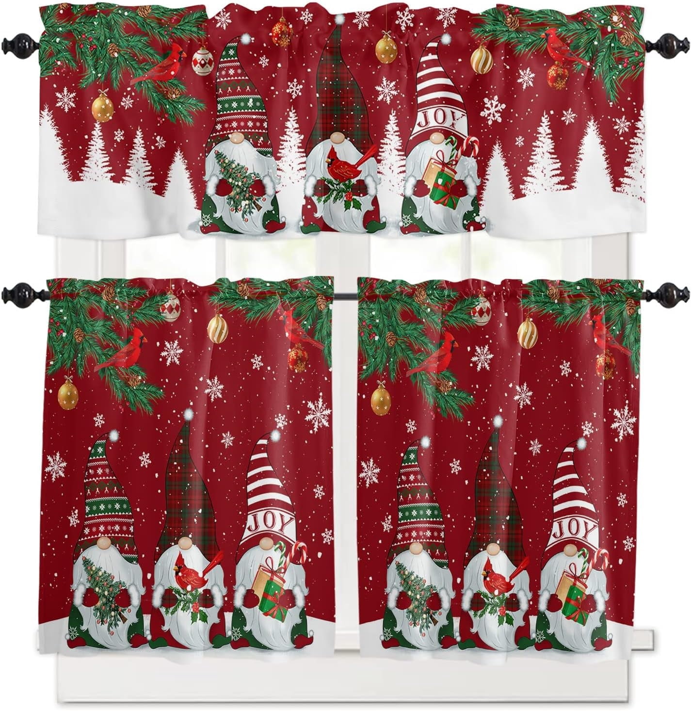 Ensemble de Rideaux et Cantonnières de Cuisine avec Gnomes de Noël, Traitements de Fenêtre Rouges pour les Fêtes d'Hiver, Cantonnières, Flocons de Neige Blancs, Arbres de Noël, Rideaux Demi/courts pour Petites Fenêtres Café /salon/ Chambre 54x24 Po