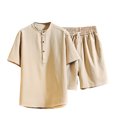 thumbnail image 1 of Ensemble Deux Pièces Pantalon Hommes Deux Pièces Coton Lin Manches Courtes Col en V Hauts et Shorts, 1 of 7