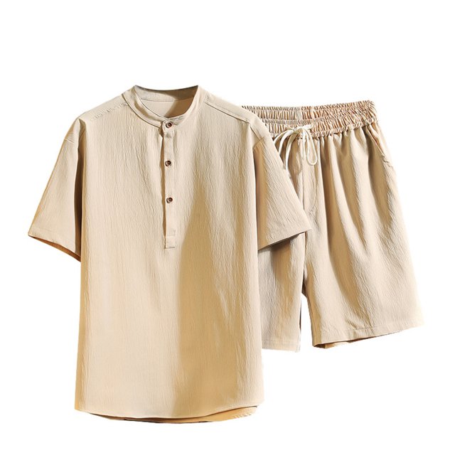 Ensemble Deux Pièces Pantalon Hommes Deux Pièces Coton Lin Manches Courtes Col en V Hauts et Shorts