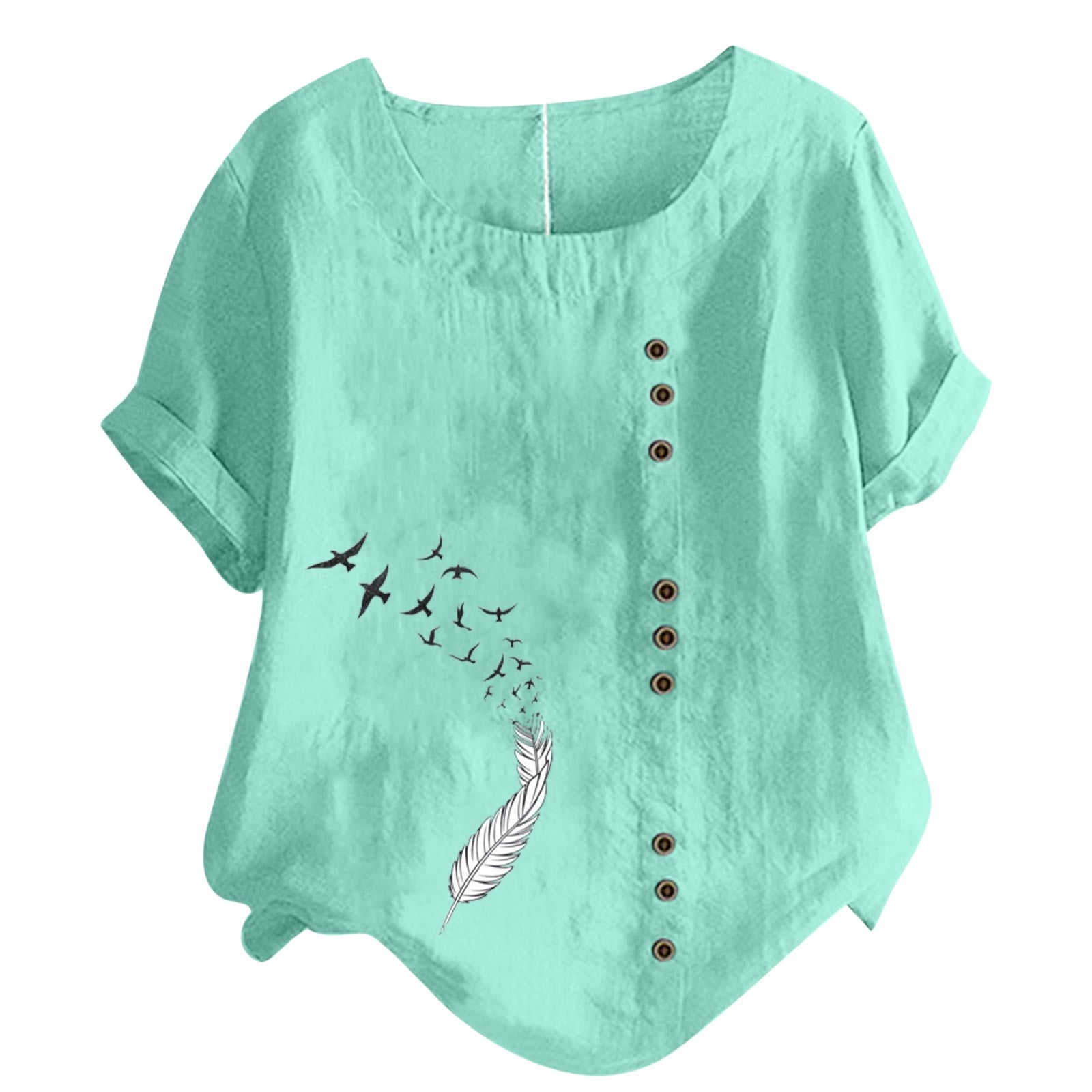 Birdeem Womens Short Sleeved Casual Plus Size Round Neck Feather Printed Loose Button Cotton Linen Top