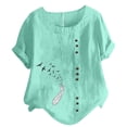 thumbnail image 1 of Birdeem Haut en Coton et Lin pour Femmes à Manches Courtes, Décontracté, Grande Taille, Col Rond, Imprimé Plume, Ample, à Boutons, 1 of 1
