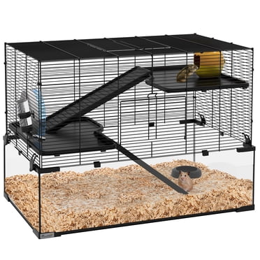 PawHut Hamster Cage, Gerbil Cage with Glass Basin for Small Hamsters, Black