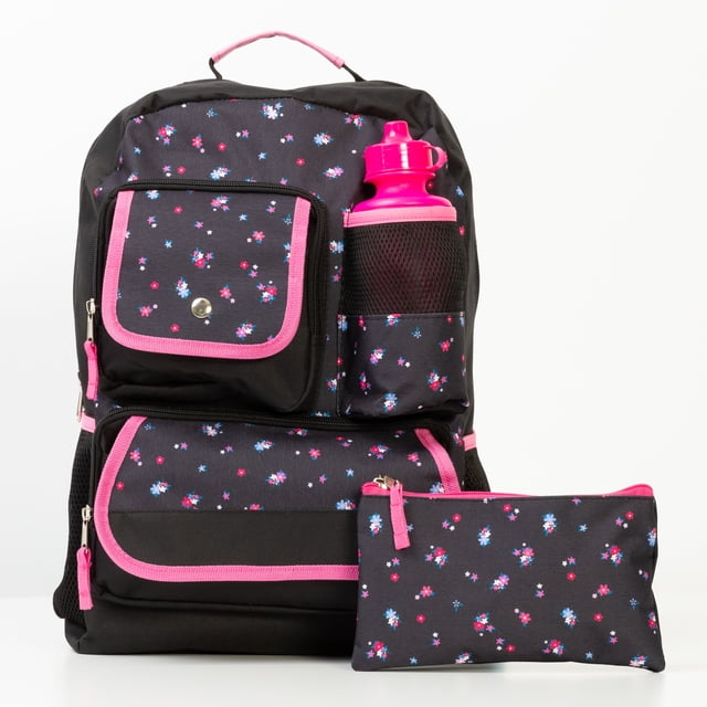 Jetstream 3pcs Back Pack Set with a black polyester backpack featuring small pink, blue, and white floral patterns and pink trim. It has three front pockets, a mesh side pocket holding a bright pink bottle, padded shoulder straps, and a matching floral pencil case with a pink zipper. Ideal for school use and organizing supplies.