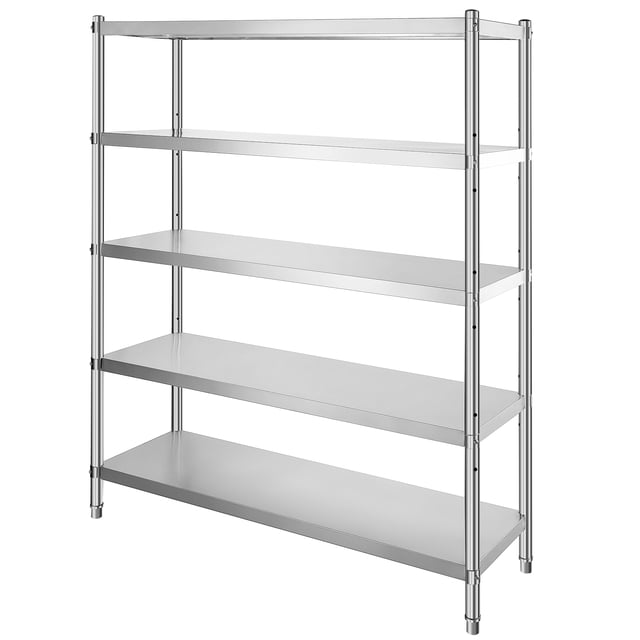 KFFKFF 5-Layer Adjustable Storage Rack, 60x18.5 Inch, stainless steel with brushed finish. Features five tiers, each holding up to 330 lbs, with adjustable shelves and crossbeam stability. Ideal for garage shelving, kitchen storage, or office organization.