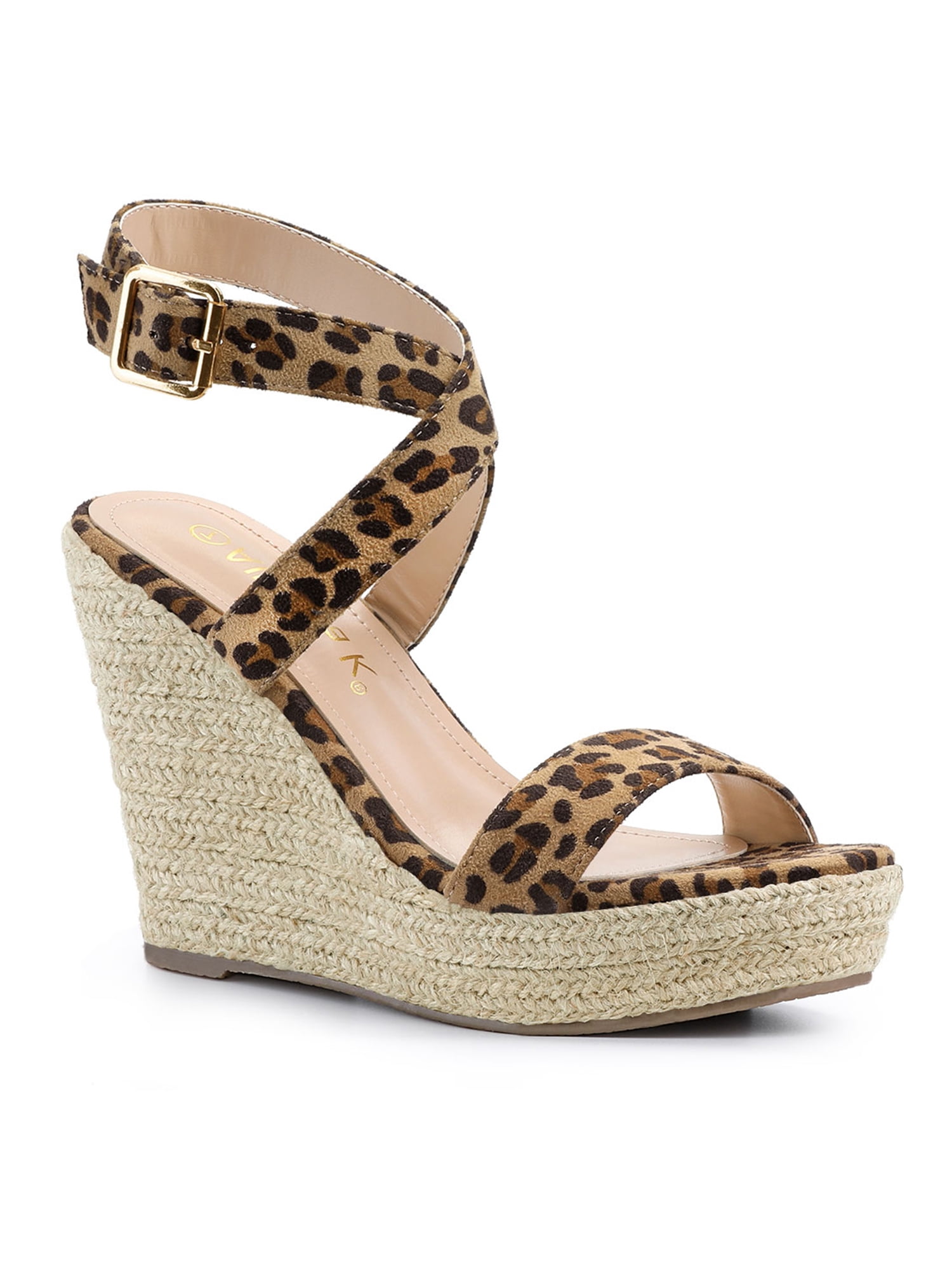 BLISSFUL STEP Chaussures pour Femmes Sandales Espadrilles à Talon Compensé Slingback à Brides Croisées Léopard 7,5