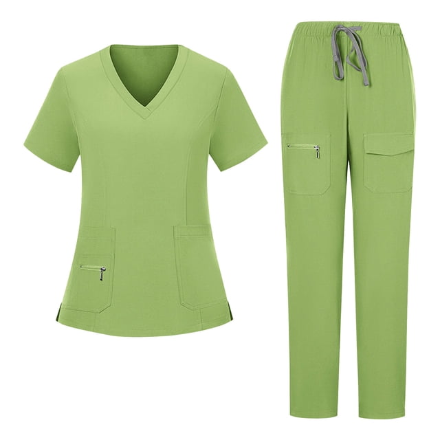 Nfurl Ensemble d'Uniforme d'Infirmière pour Femmes, 2 Pcs, Hauts à Manches Courtes à Col en V avec Cordon de Serrage, Pantalon à Taille Élastique, Uniforme d'Infirmière, Ensemble Assorti, Vert, TG