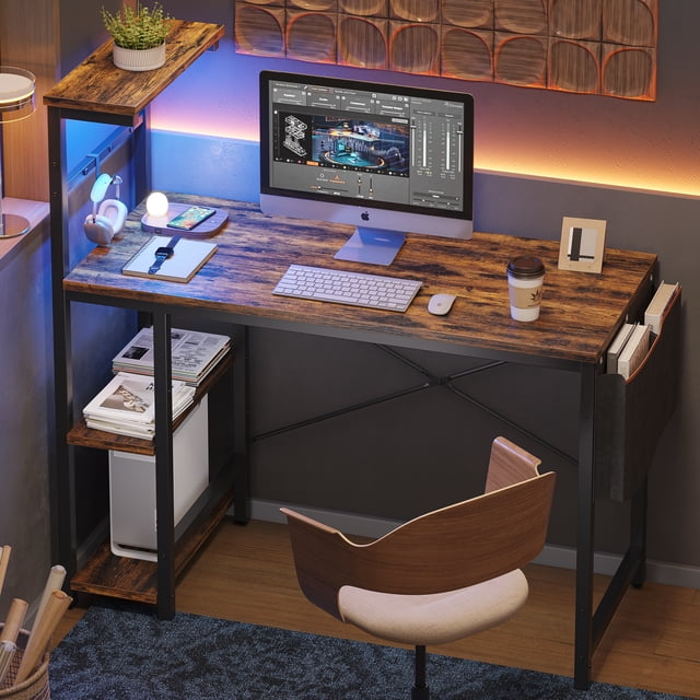 Bestier 44 inch Reversible Computer Desk with LED Lights Gaming Desk with 4 Tier Shelves Adults