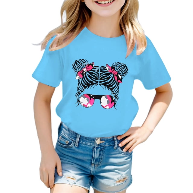 LUOGENLI T-Shirt pour Filles Enfant Filles Mignon Imprimé Graphique Col Rond Manche Courte Tee Été Décontracté Chemise Hauts Chemises pour Filles Longueur Genou Travail Bleu 9-10 Ans