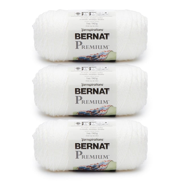 Bernat® Premium™ Sparkle Fil 3 Pack, Fil Acrylique #4 de Poids Moyen en Blanc avec 3 % de Fibres Métalliques, Chaque Écheveau 5 oz (142 g) et 258 Verges, Empilé Horizontalement avec Étiquettes de Produit Visibles, Lavable à la machine et Convient aux Projets de Tricot Ou de crochet Ajoutant un Subtil Éclat.