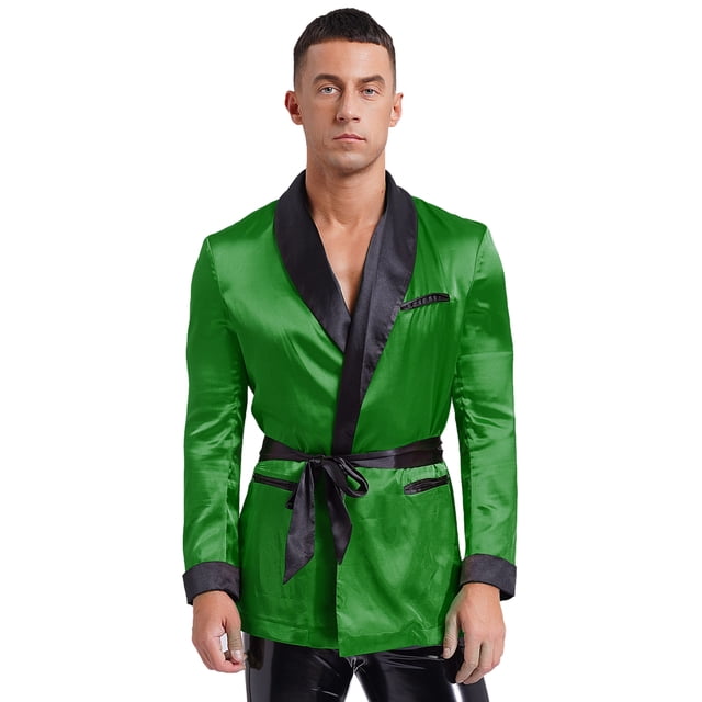 Miaeowve Men Short Satin Smoking Jacket Robe Lightweight Dinner Jacket Cigar Jacket House Kimono Bathrobe Green S